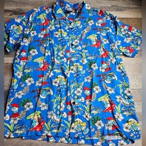 Smurfs Tropical Hawaiian Short Sleeve Button Front Shirt Men's XL Blue